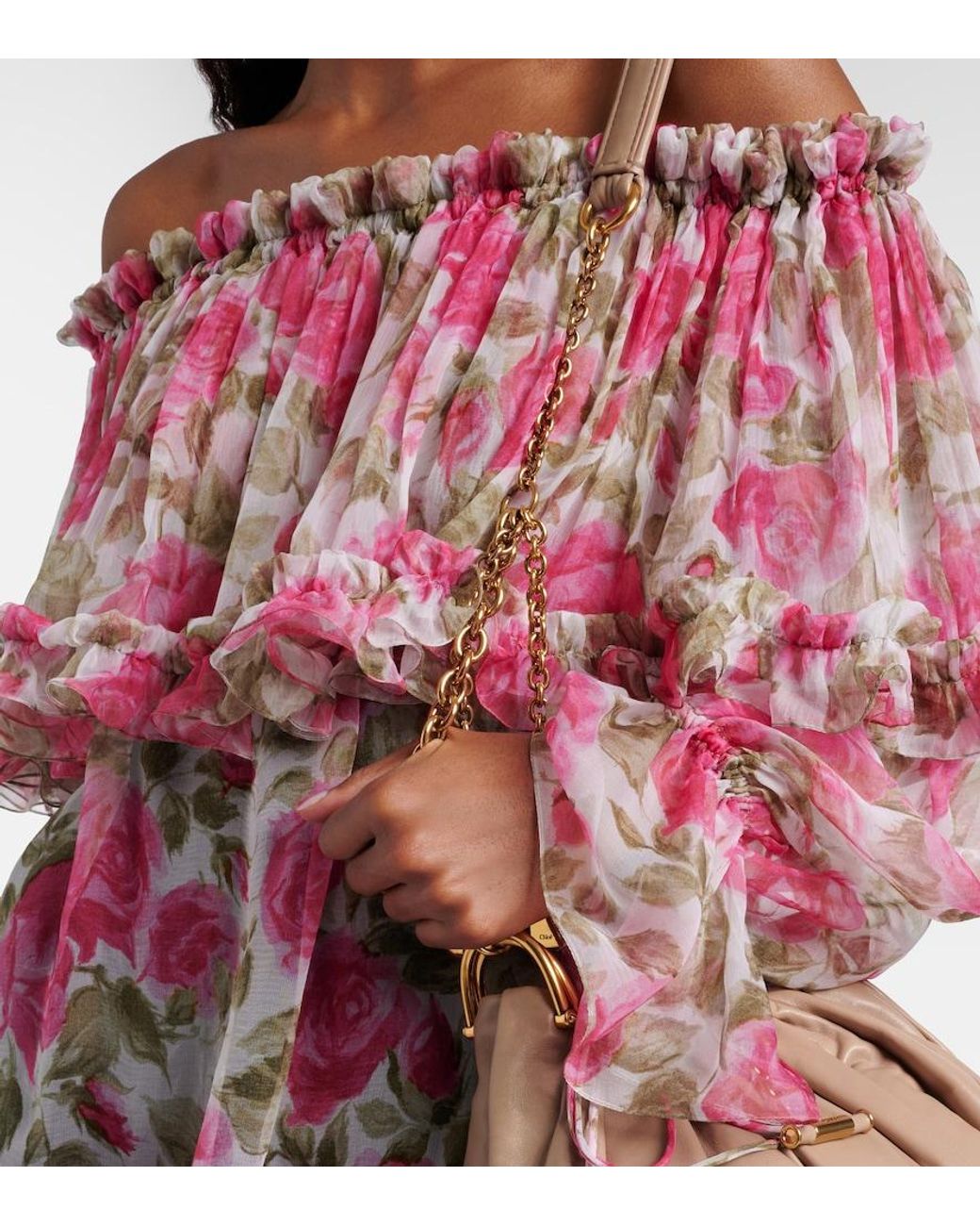 Chloé Pink Floral Off-Shoulder Silk Top