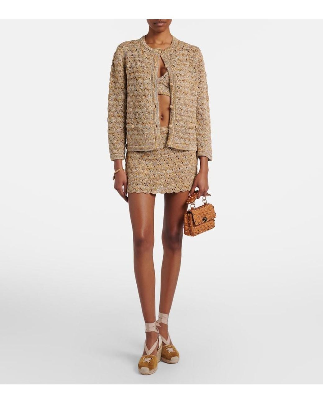 Valentino Garavani Brown Open-Knit Linen-Blend Lame Cardigan