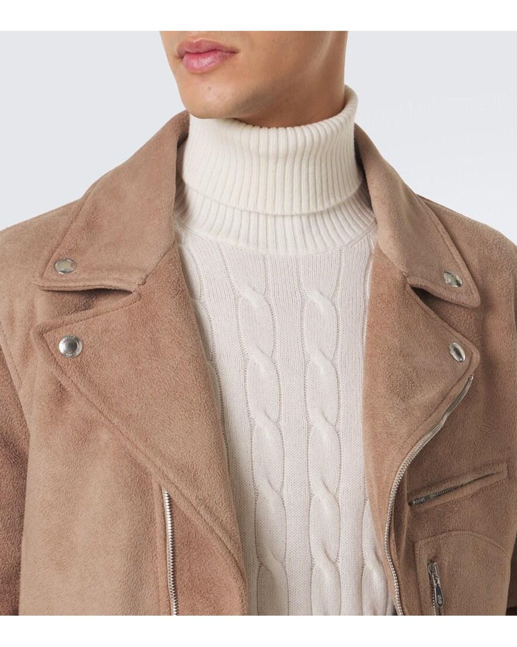 Brunello Cucinelli Natural Shearling-Trimmed Suede Biker for men