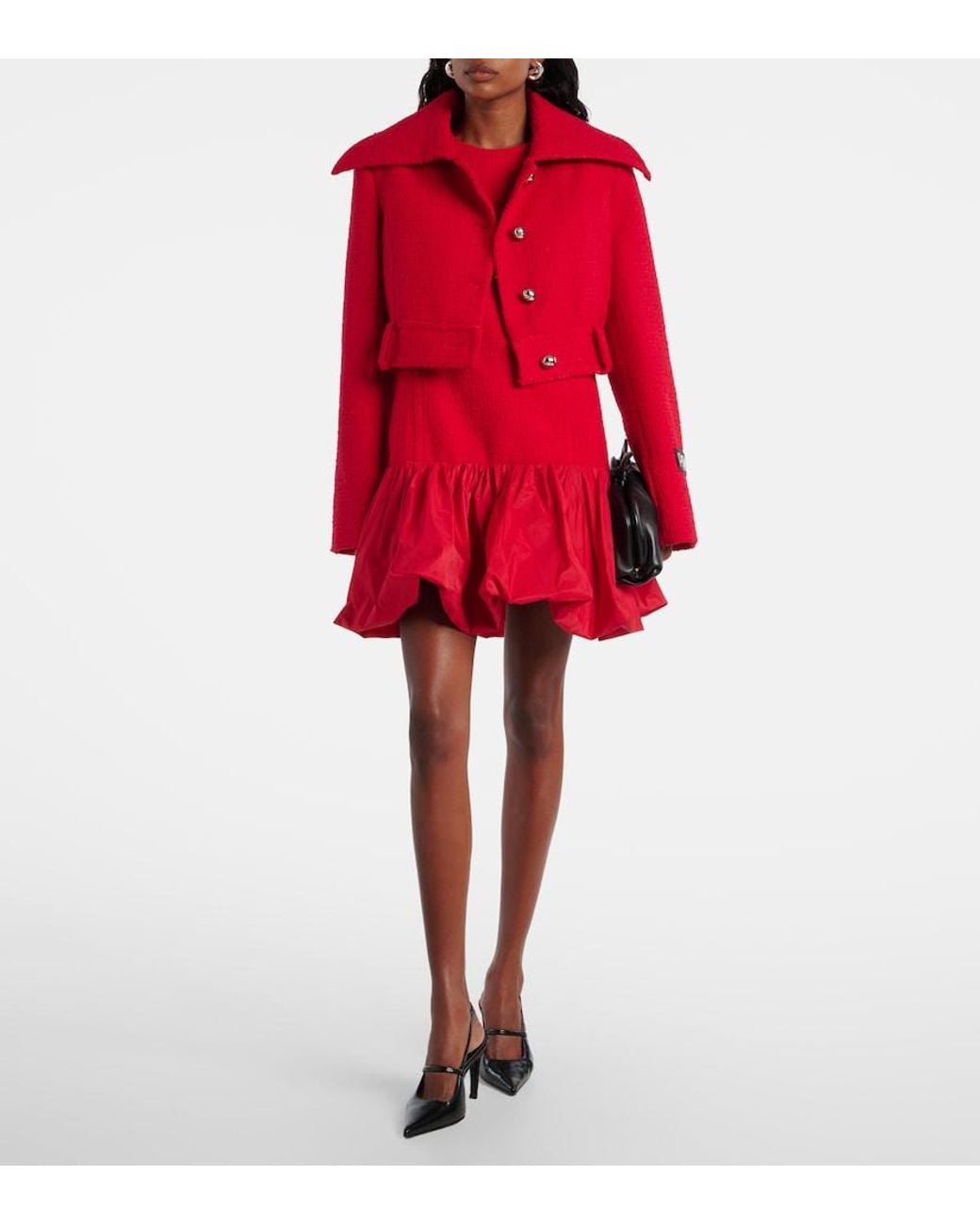 Patou Red Cropped Wool-Blend Tweed Jacket