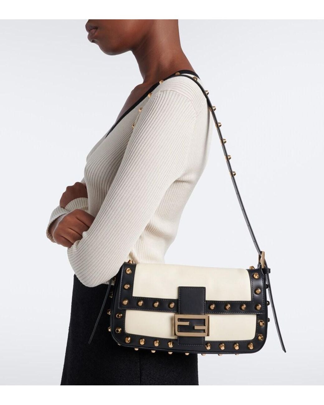 Fendi Metallic Baguette 26424 Studded Leather Shoulder Bag