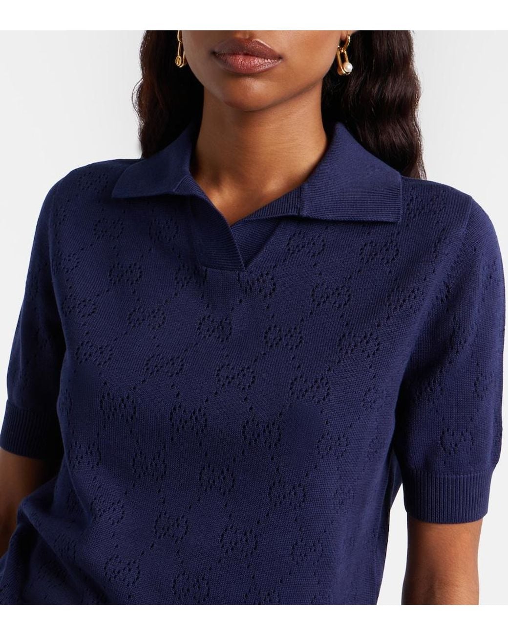 Gucci Blue Gg Pointelle Silk And Cotton Polo Shirt