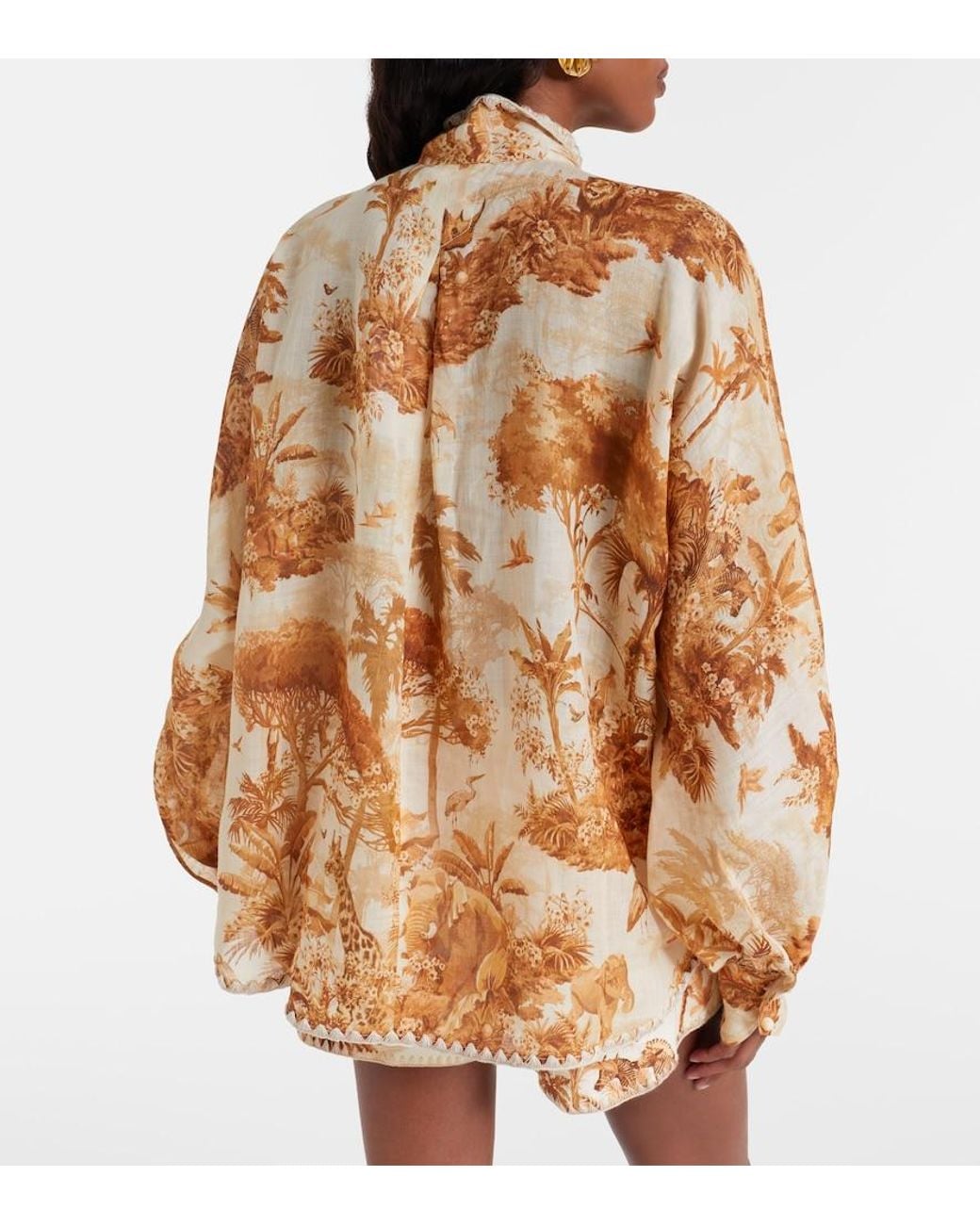 Zimmermann Brown Indra Printed Tie-Neck Ramie Blouse