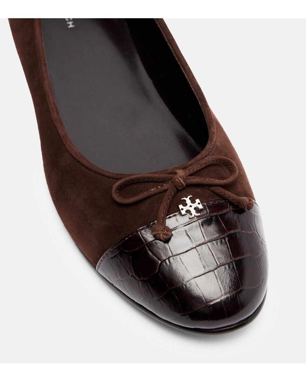 Tory Burch Brown Cap Toe Croc-Effect Suede Ballet Flats