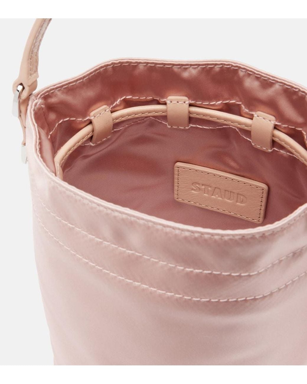 Staud Pink Lila Leather-Trimmed Satin Bucket Bag