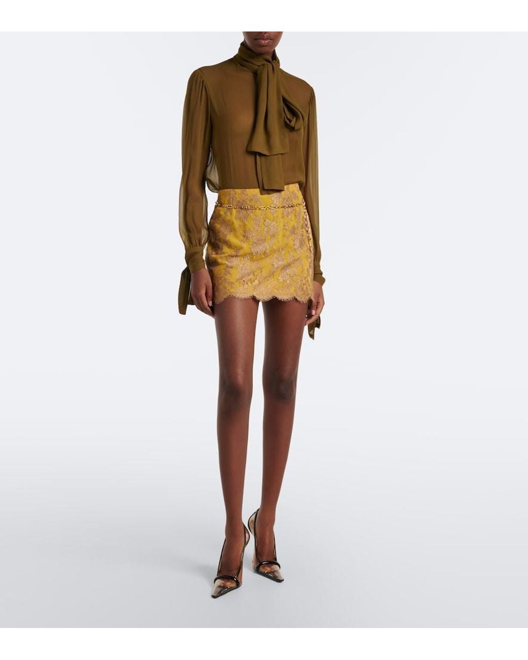 Saint Laurent Yellow Scalloped Floral Lace Miniskirt