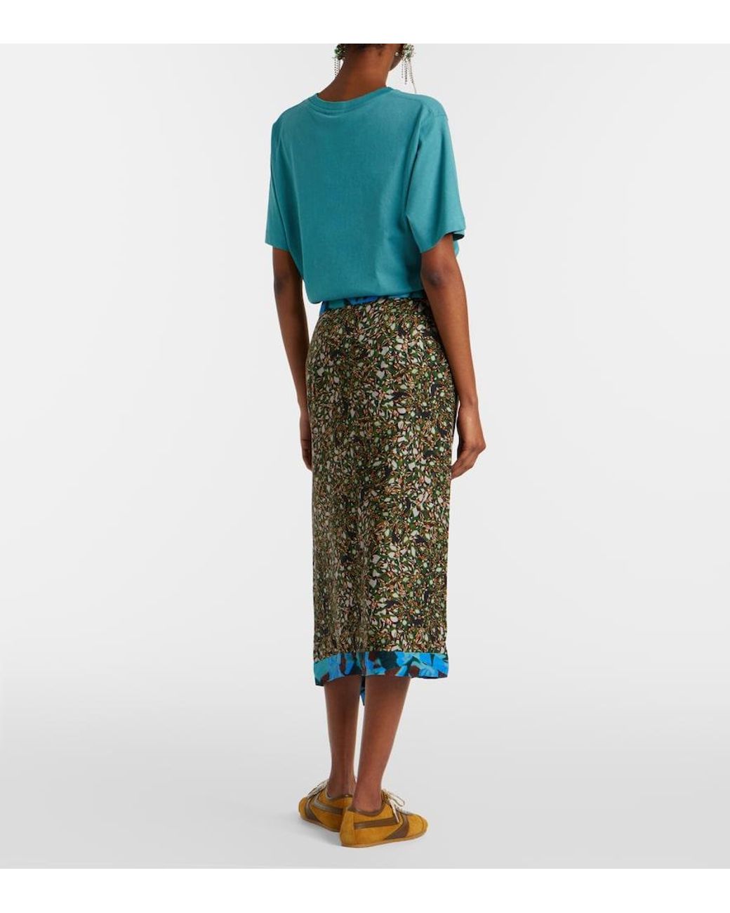 Dries Van Noten Green Printed Ruffled Midi Skirt