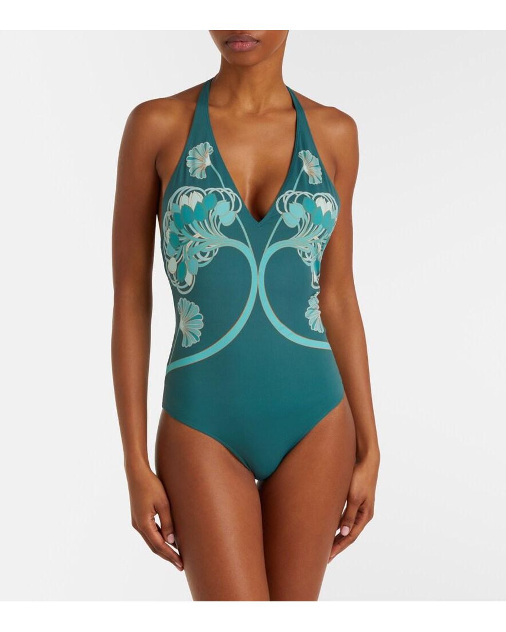 LaDoubleJ Green Printed Halterneck Swimsuit