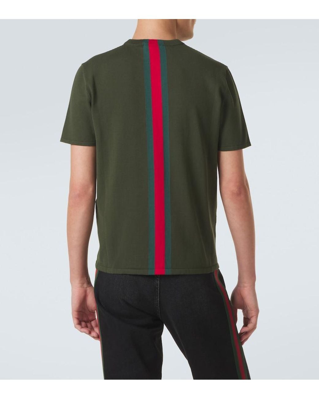 Gucci Green Web Stripe Knitted Cotton T-Shirt for men