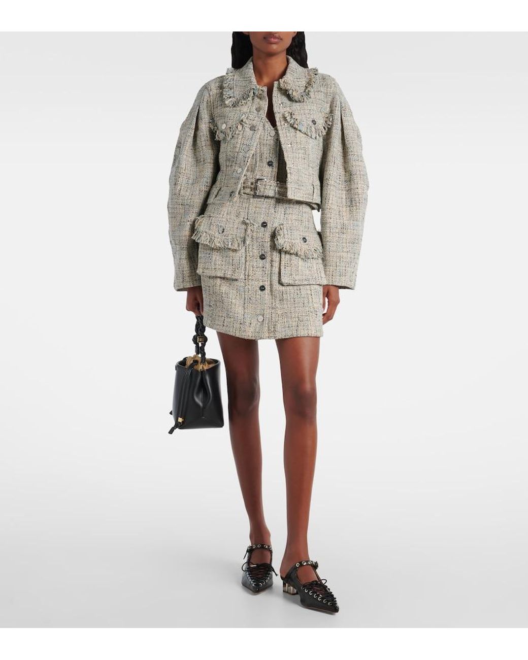 Ganni Blue Cropped Cotton Tweed Jacket