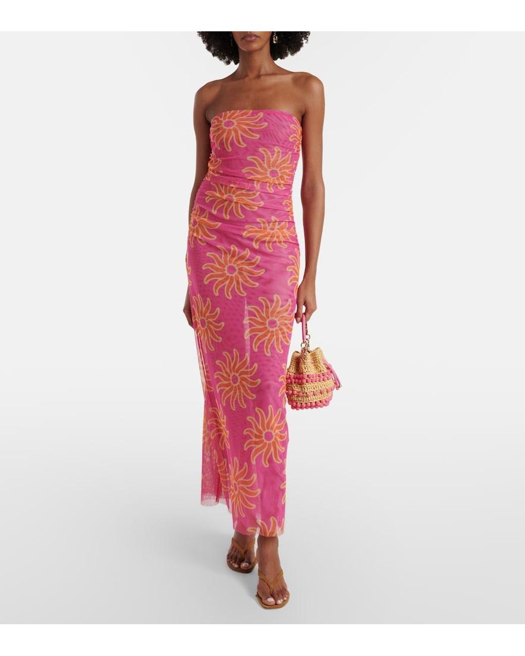 Cala De La Cruz Pink Daphne Printed Mesh Midi Dress