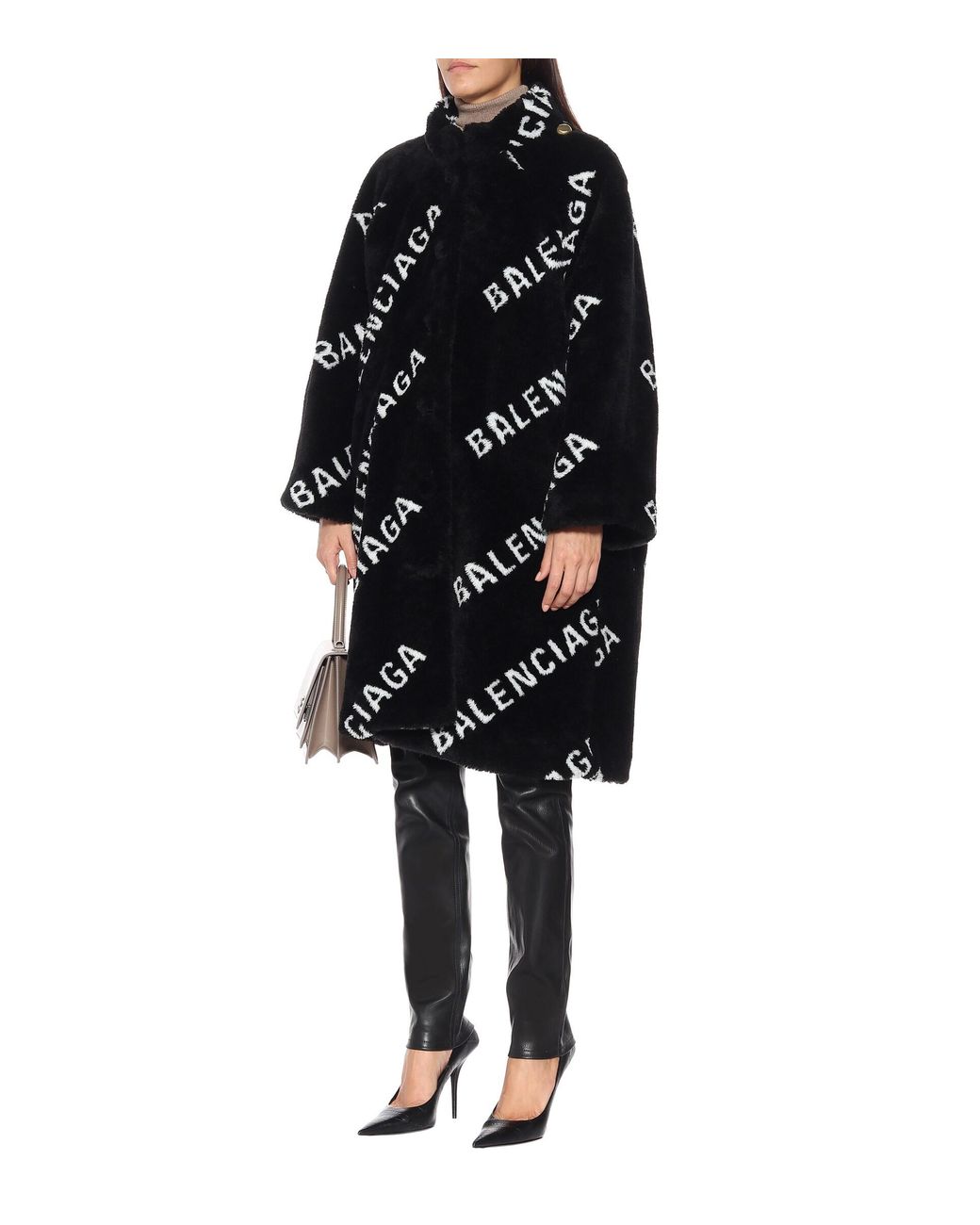 Balenciaga Logo Faux Fur Coat in Black / White (Black) | Lyst
