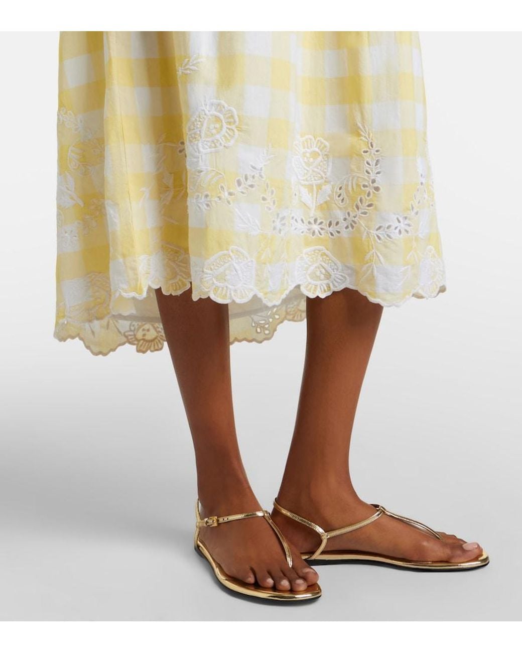 Juliet Dunn White Embroidered Checked Cotton Midi Dress