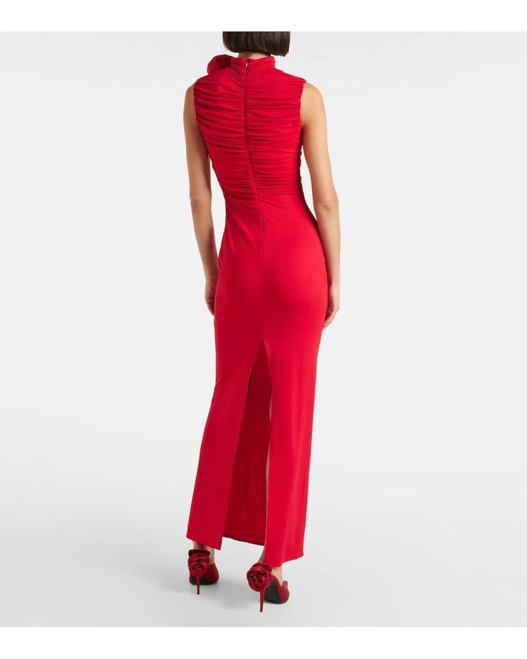 Magda Butrym Red Floral-Applique Ruched Jersey Gown