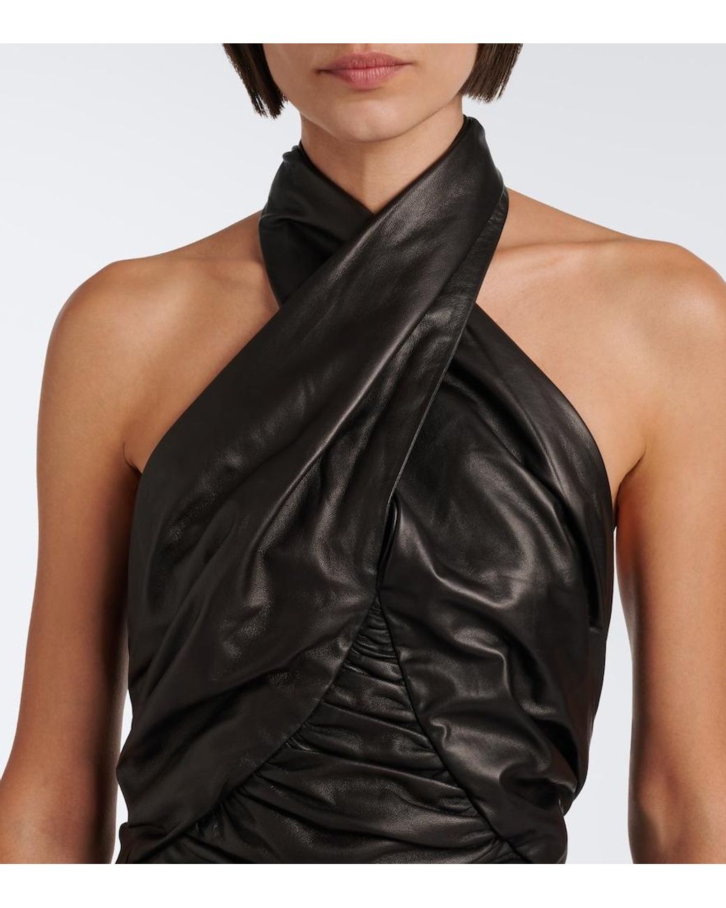 Balmain Black Ruched Leather Minidress