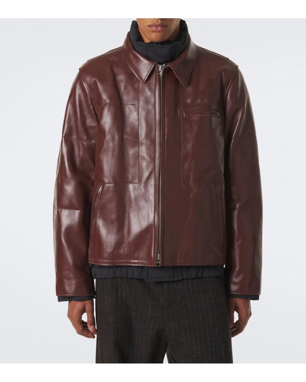 Sacai Brown Layered Leather Down Jacket for men