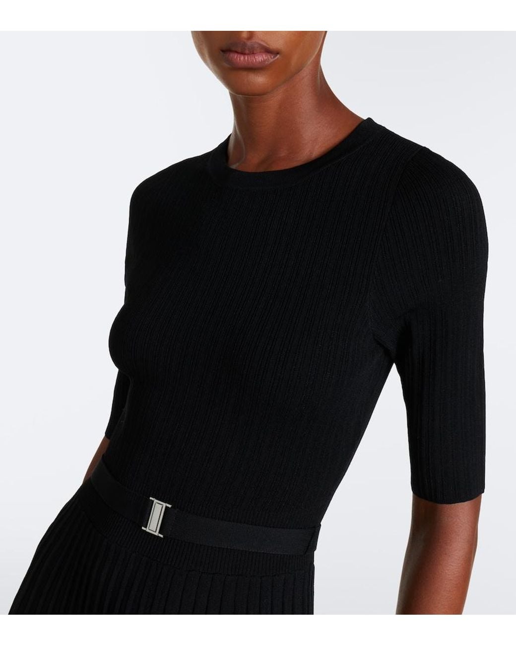 Veronica Beard Black Elthea Belted Ribbed-Knit Midi Dress