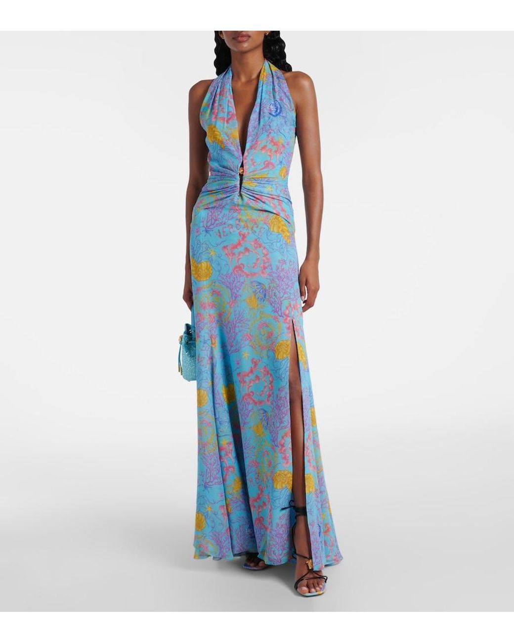 Versace Blue Printed Halterneck Gown