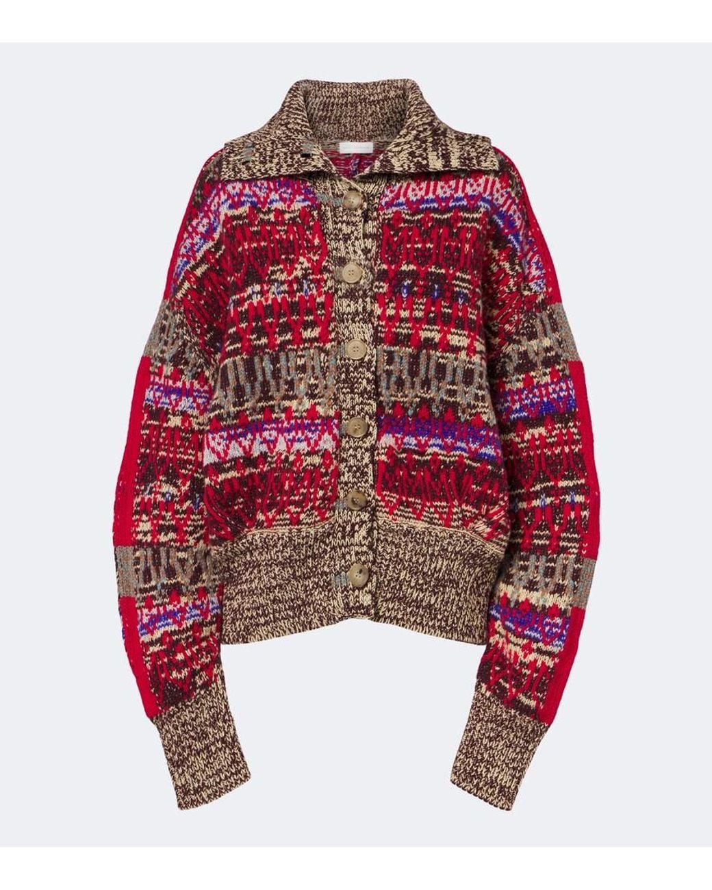 Dries Van Noten Red Oversized Wool And Cashmere Jacquard Cardigan