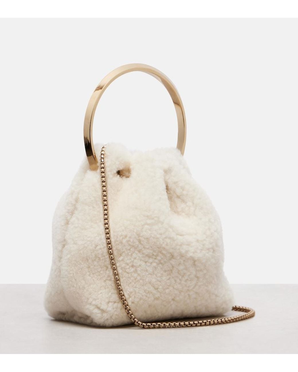 Jimmy Choo White Bon Bon Shearling Bucket Bag