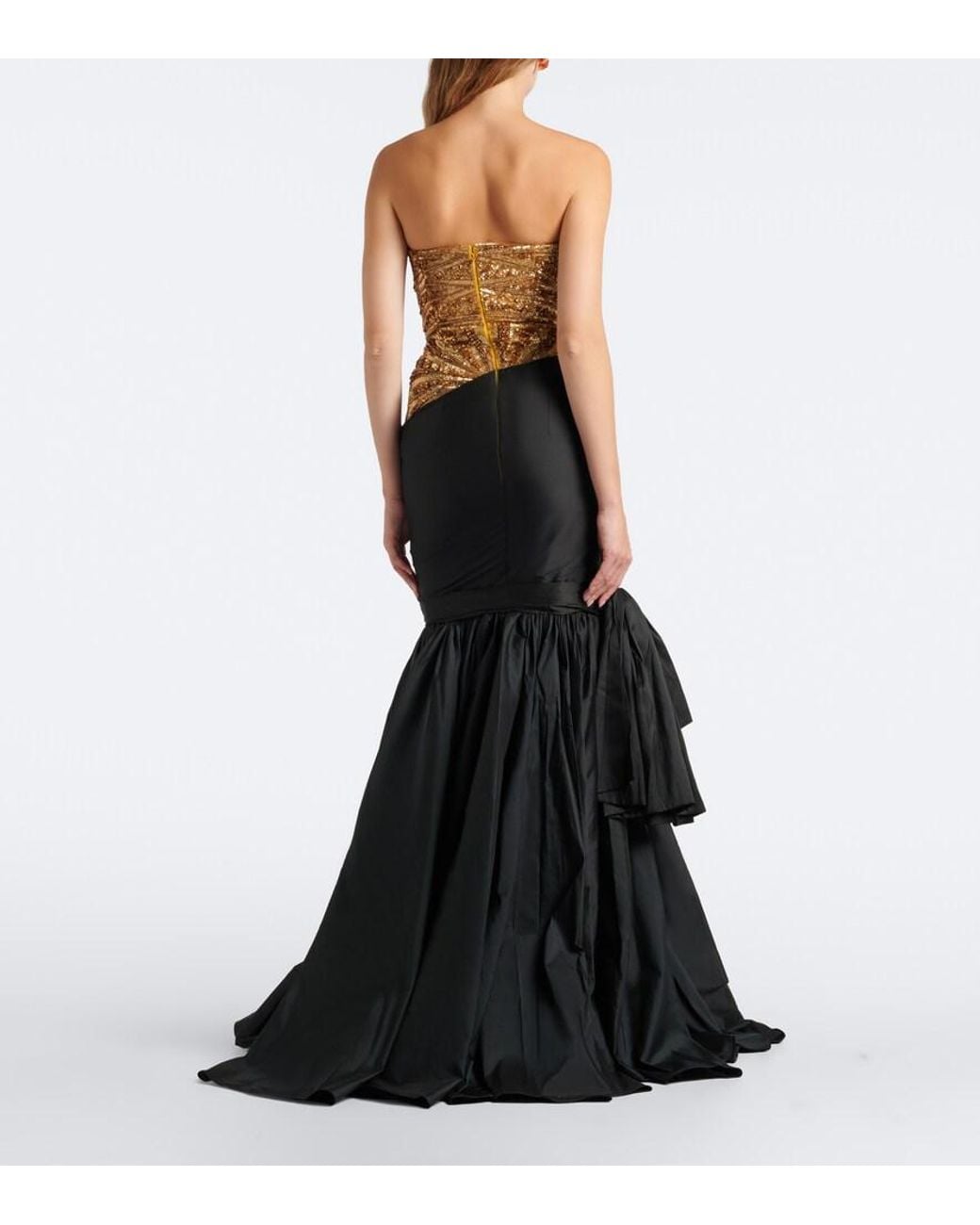 La Fuori Black Gilded Geo Draped Sequined Bustier Gown
