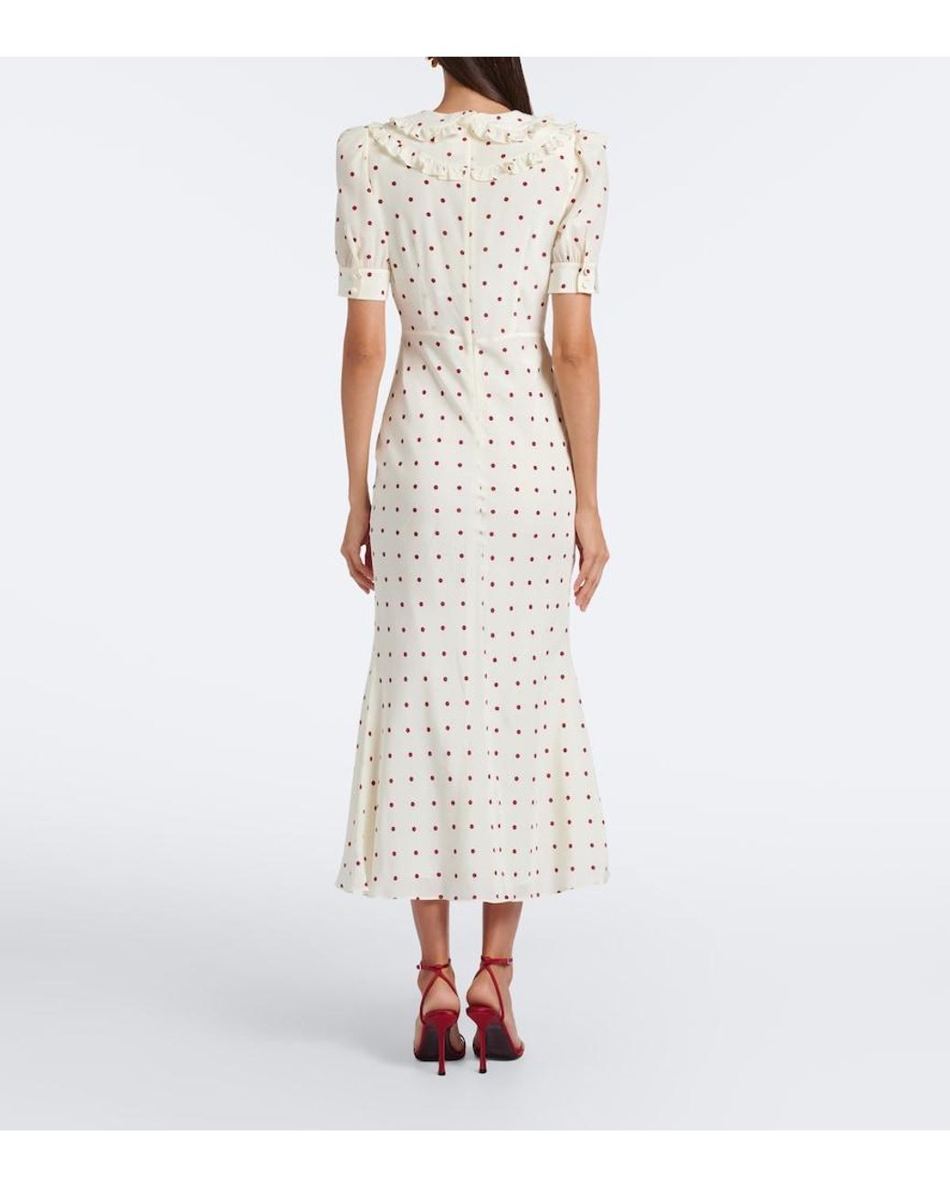 Alessandra Rich White Ruffled Polka-Dot Silk Midi Dress