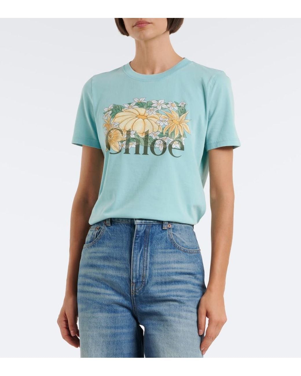 Chloé Blue Logo Printed Cotton Jersey T-Shirt