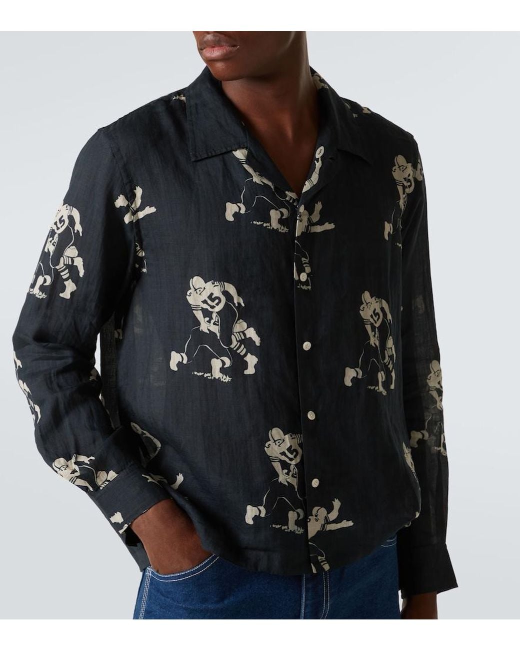 Bode Blue Football Silhouette Printed Linen Shirt for men