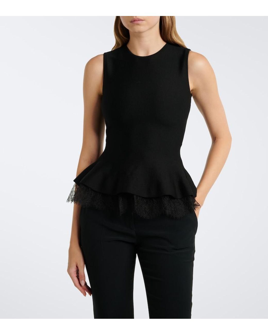 McQueen Black Lace-Trimmed Peplum Top