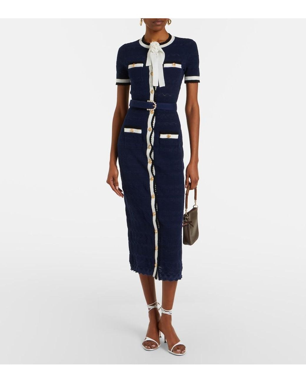 Self-Portrait Blue Bow-Detail Pointelle Cotton-Blend Midi Dress