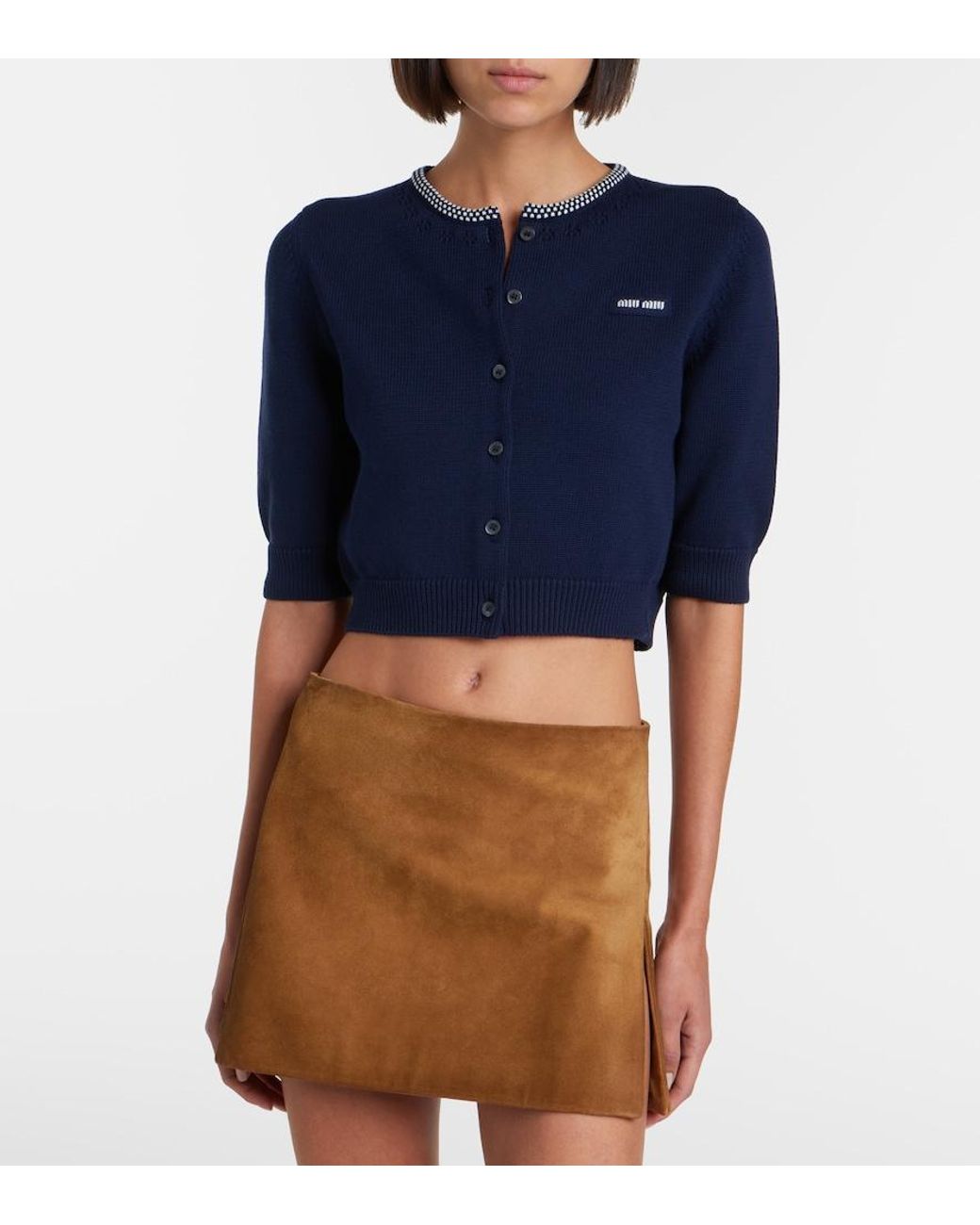 Miu Miu Blue Logo Cropped Cotton Cardigan