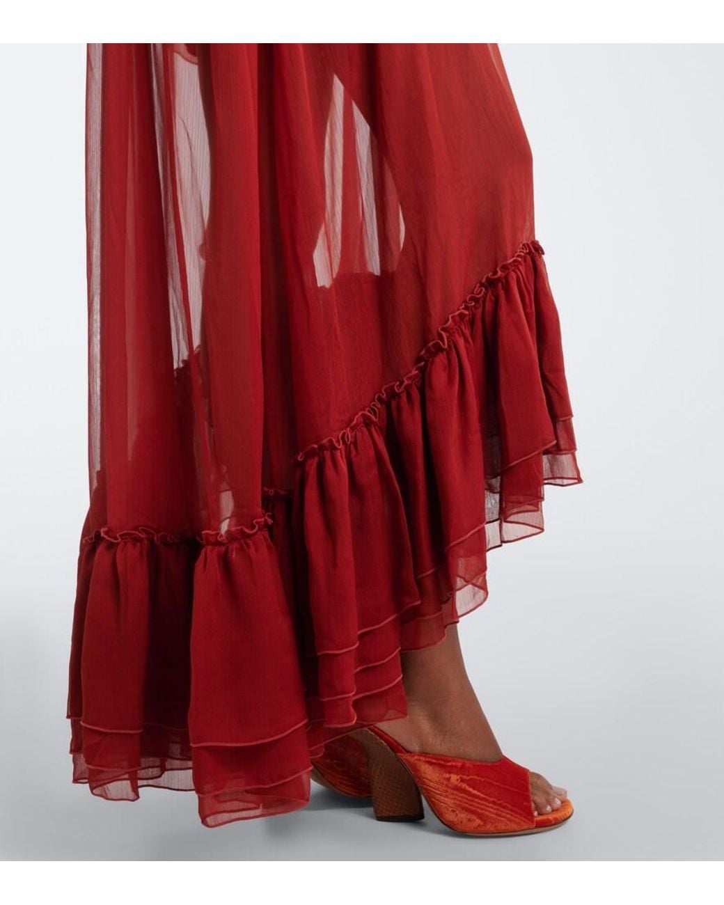JACQUES WEI Red Ruffled Chiffon Gown