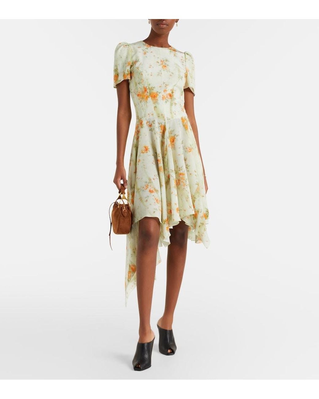 McQueen Metallic Floral Silk Crepe De Chine Midi Dress