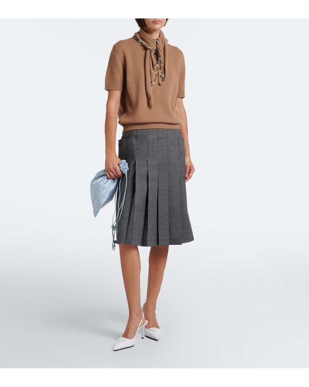 Prada Gray Pleated Virgin Wool Midi Skirt