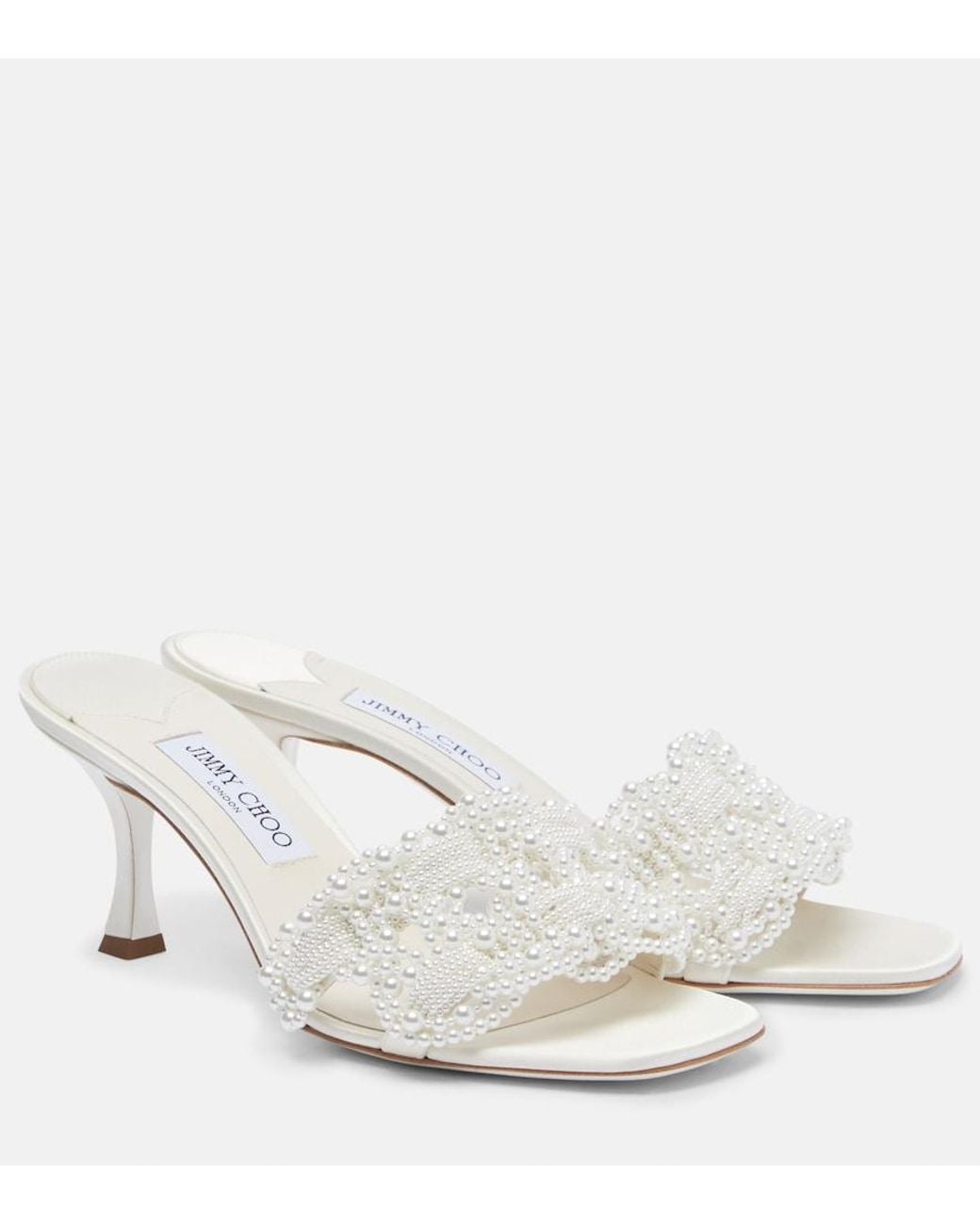 Jimmy Choo White Cary 70 Faux Pearl-Embellished Satin Mules