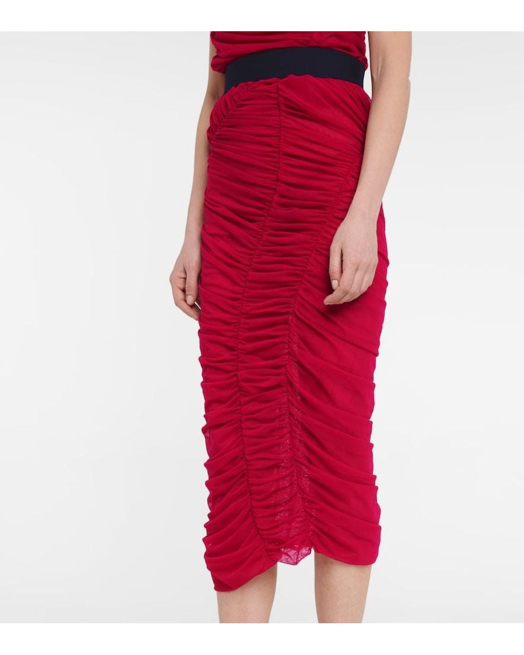 Dries Van Noten Red Ruched Mesh Midi Skirt