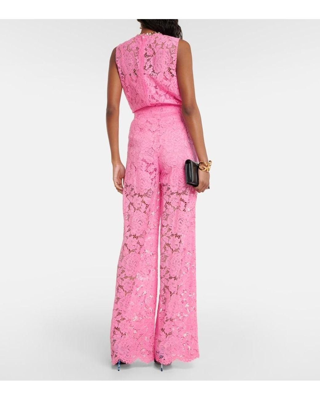 Dolce & Gabbana Pink Ausgestellte Hose Aus Elastischer Spitze Mit Logo