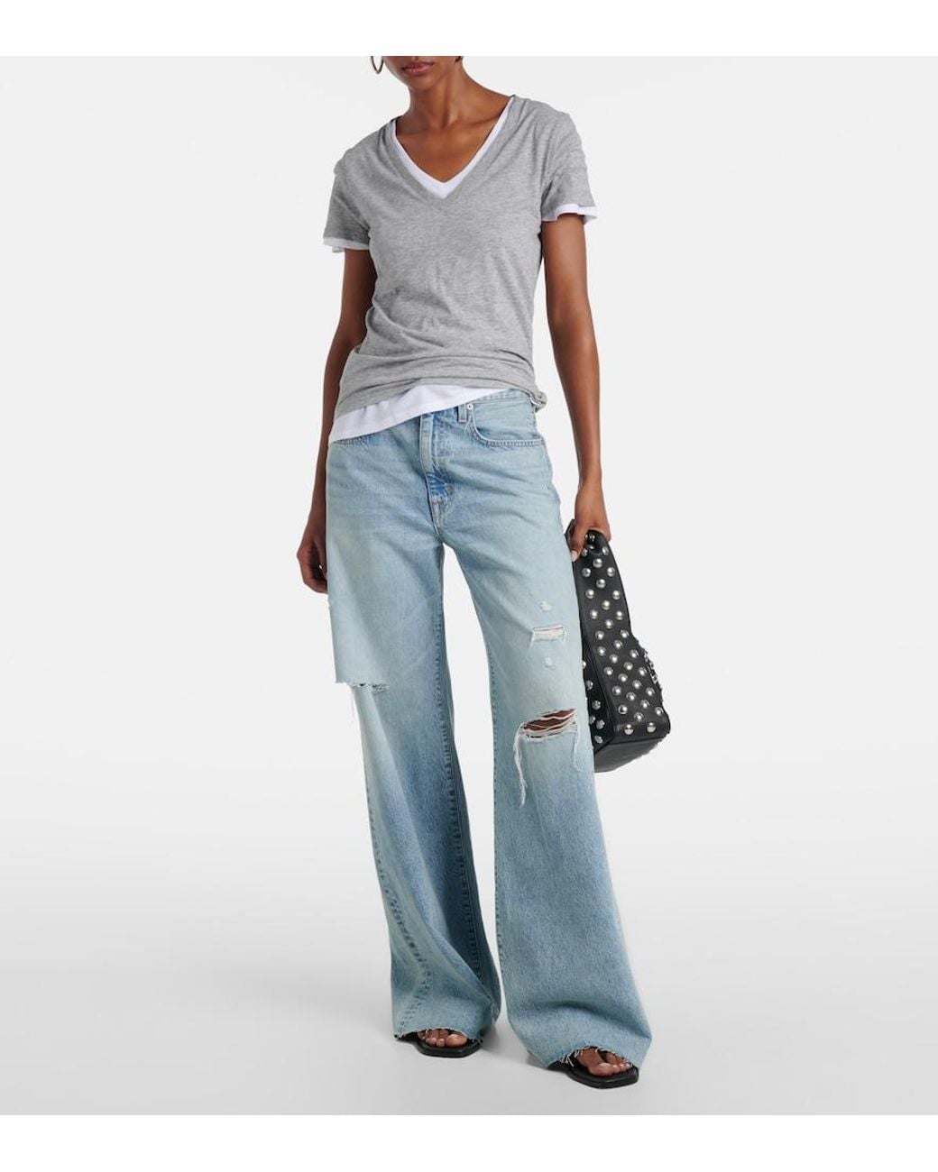 SLVRLAKE Denim Blue Nico Distressed Mid-Rise Wide-Leg Jeans
