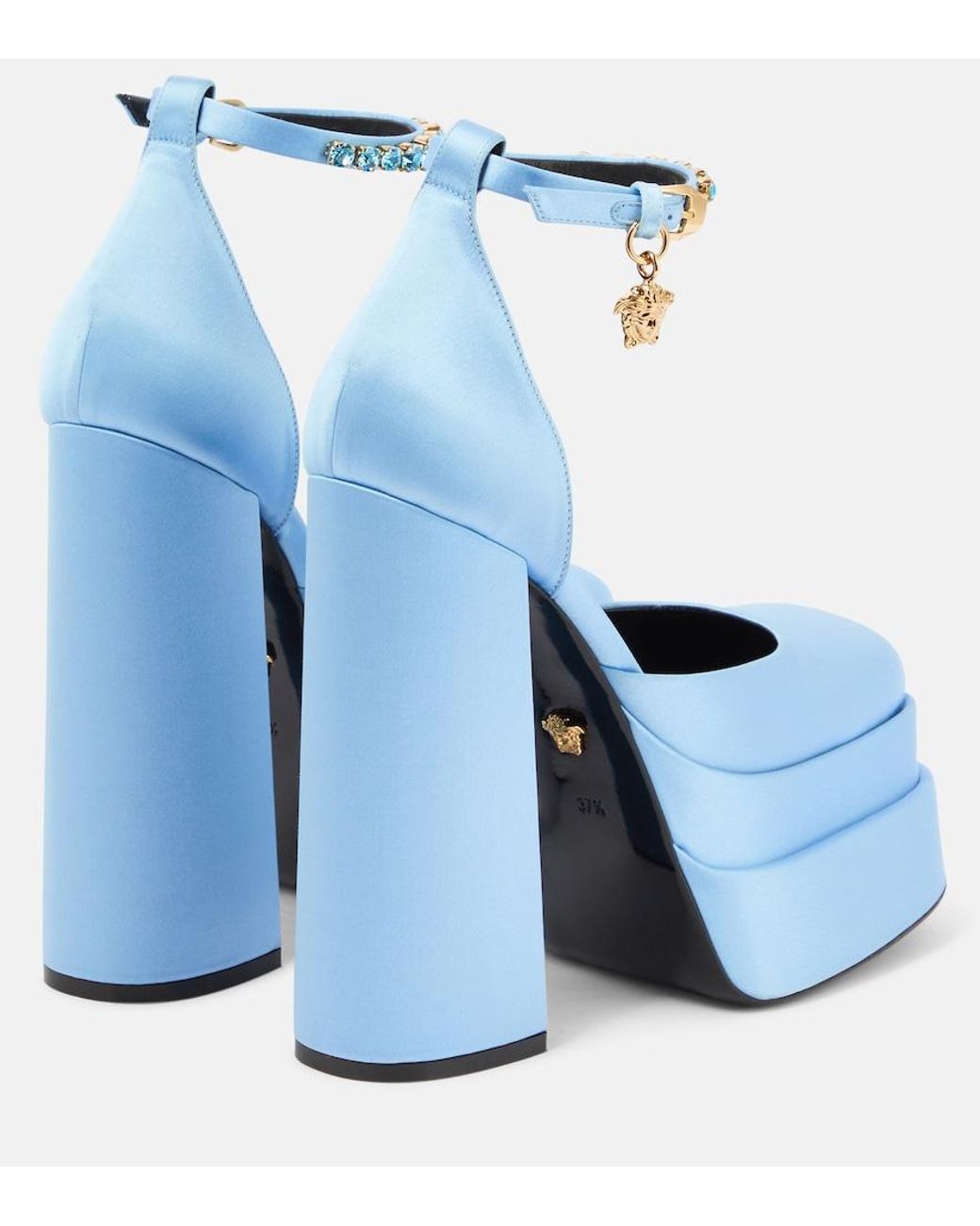 Versace Blue Medusa Aevitas Embellished Satin Platform Sandals