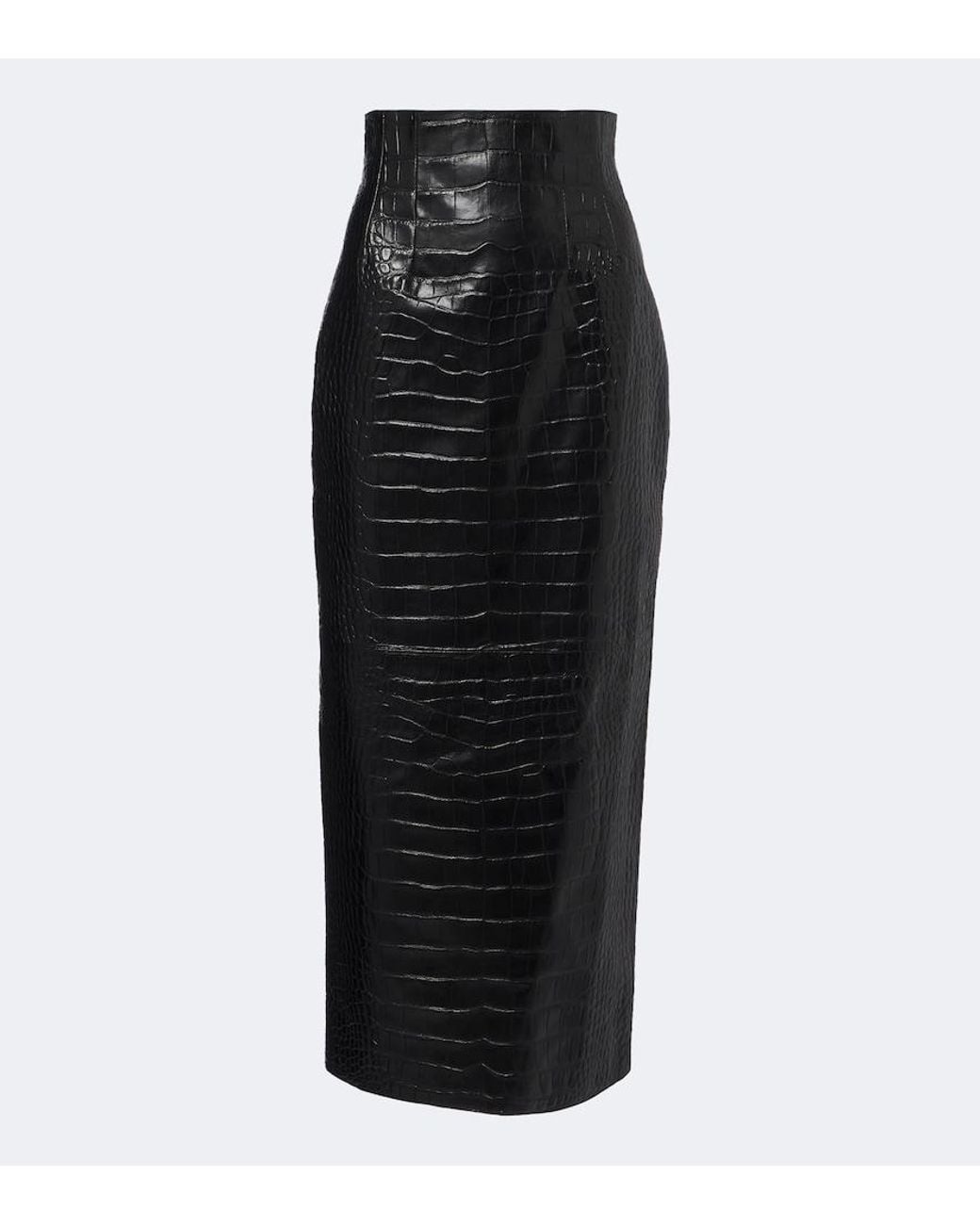 Khaite Black Loxley Croc-Effect Leather Midi Skirt