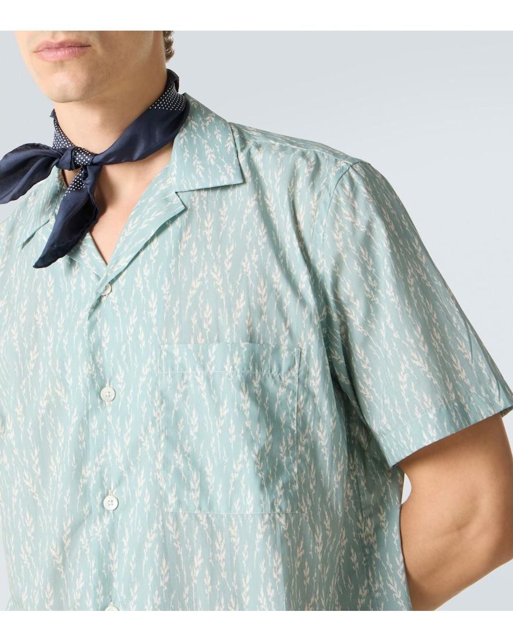 Canali Blue Printed Cotton-Blend Bowling Shirt for men