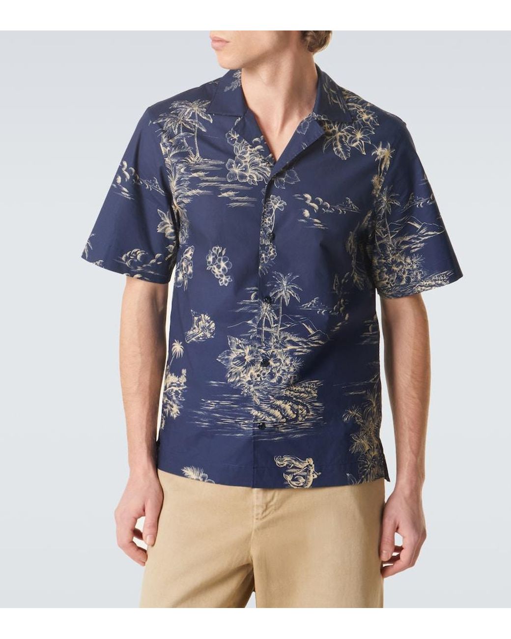 Moncler Blue Floral Cotton Poplin Bowling Shirt for men
