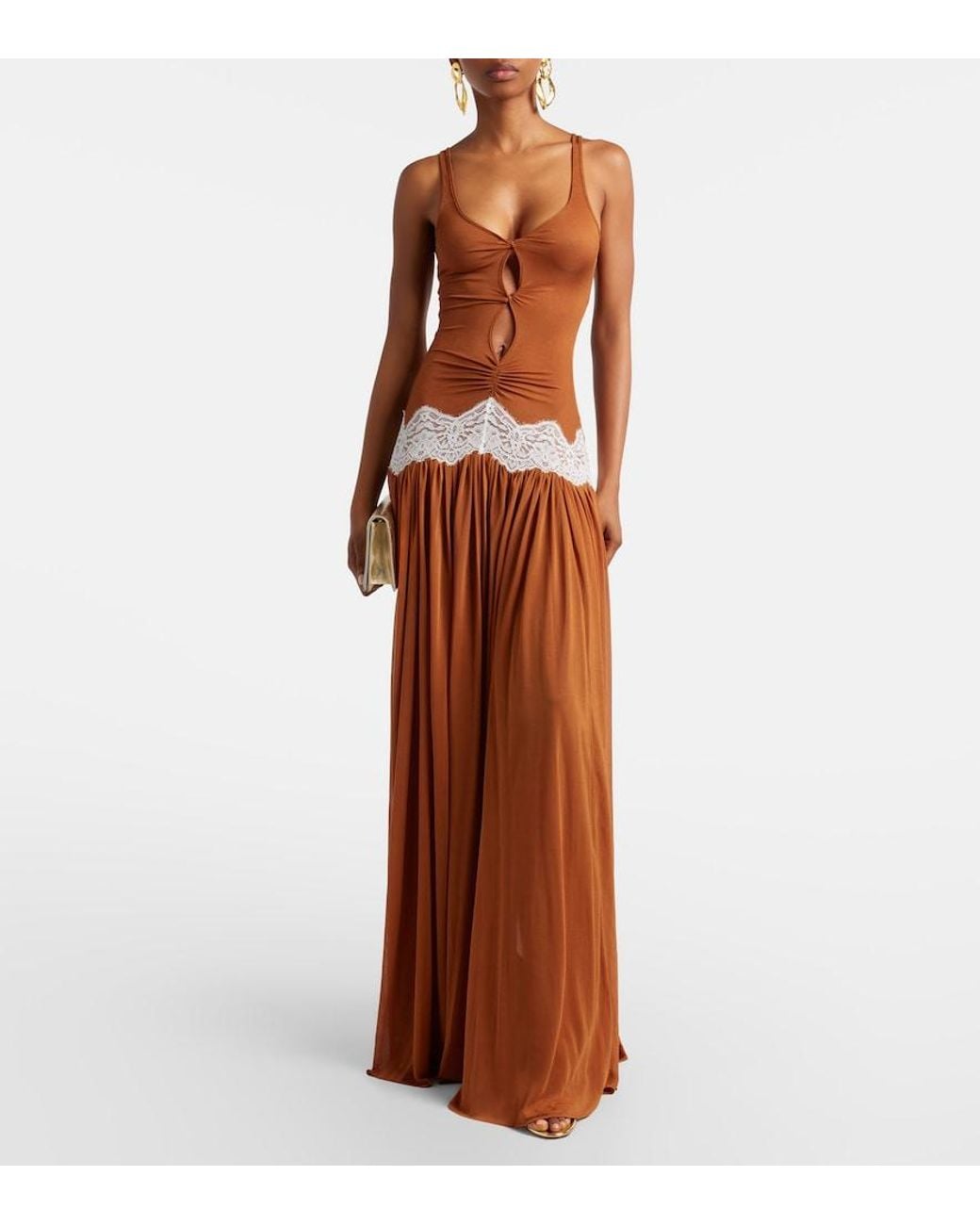 Christopher Esber Brown Cutout Lace-Trimmed Gown