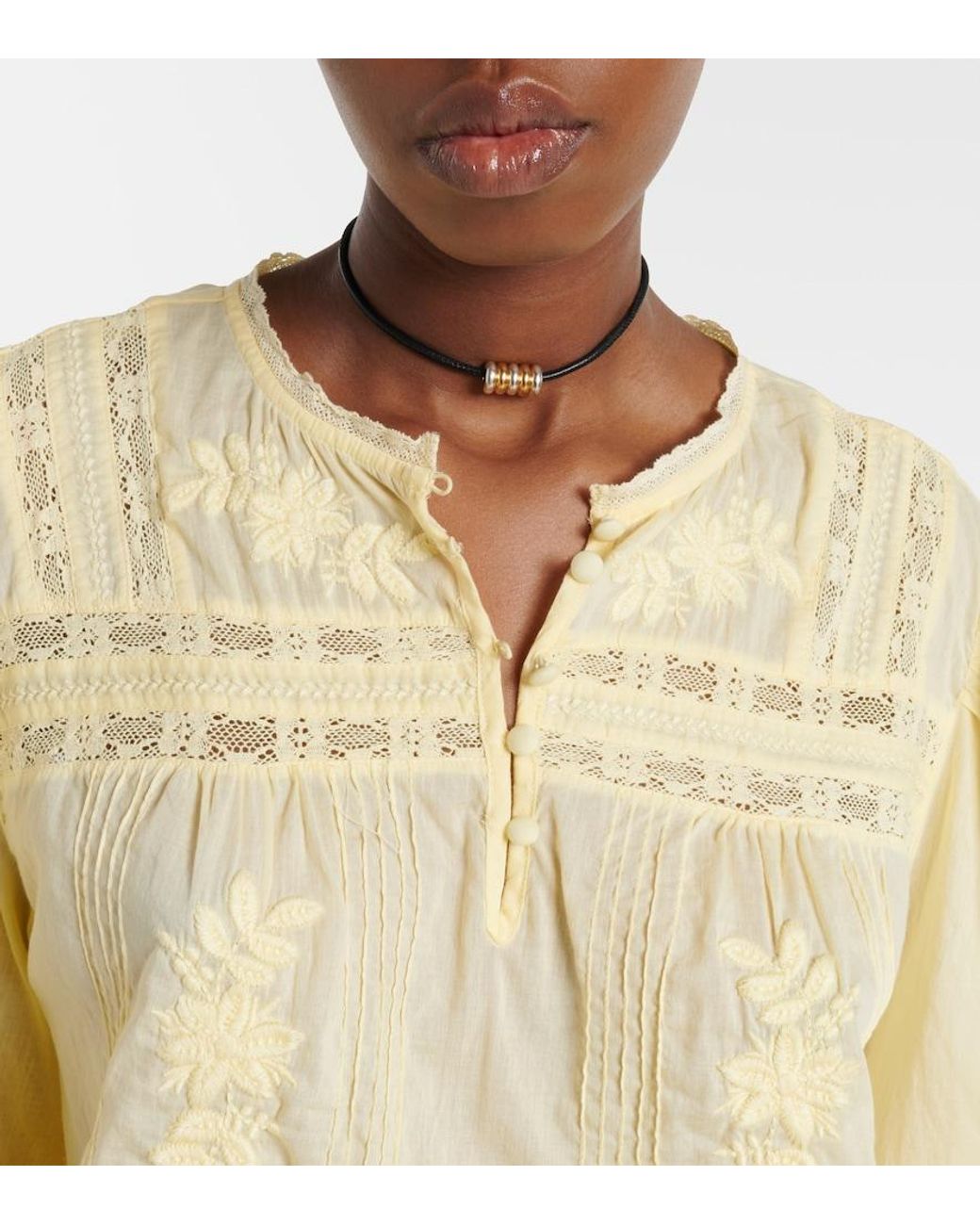 Velvet Yellow Byrdie Lace-Trimmed Cotton Blouse
