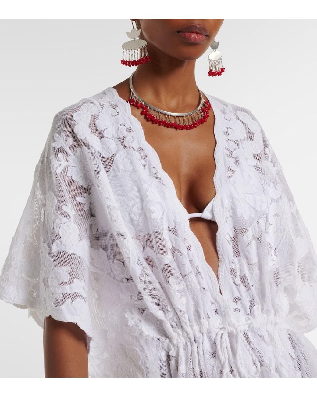 Juliet Dunn White Embroidered Sheer Cotton Kaftan