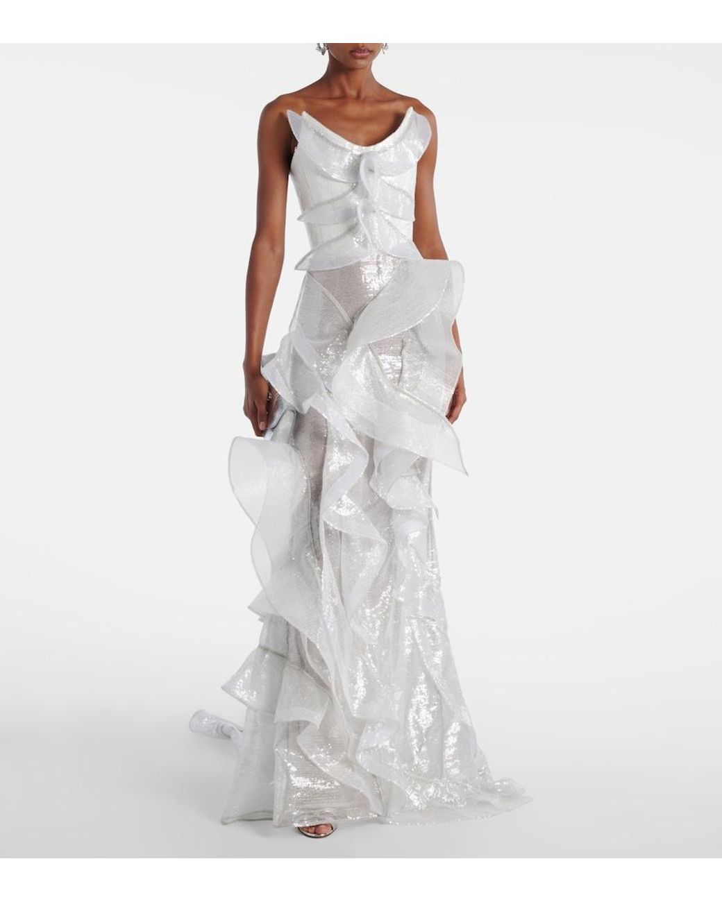 Maticevski White Refraction Sequined Ruffled Gown