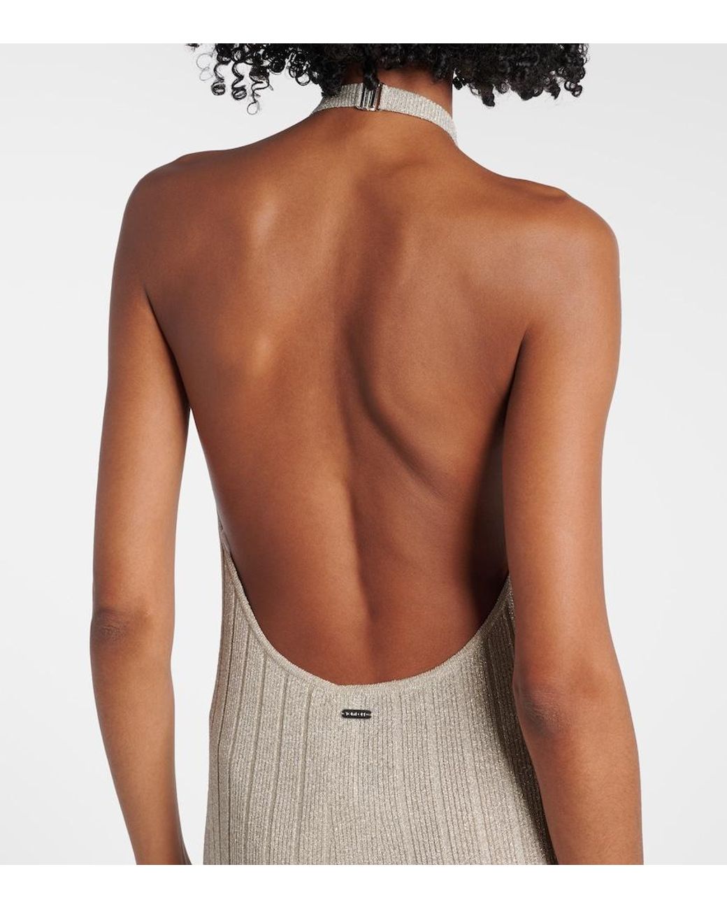 Tom Ford White Ribbed-Knit Halterneck Lame Maxi Dress