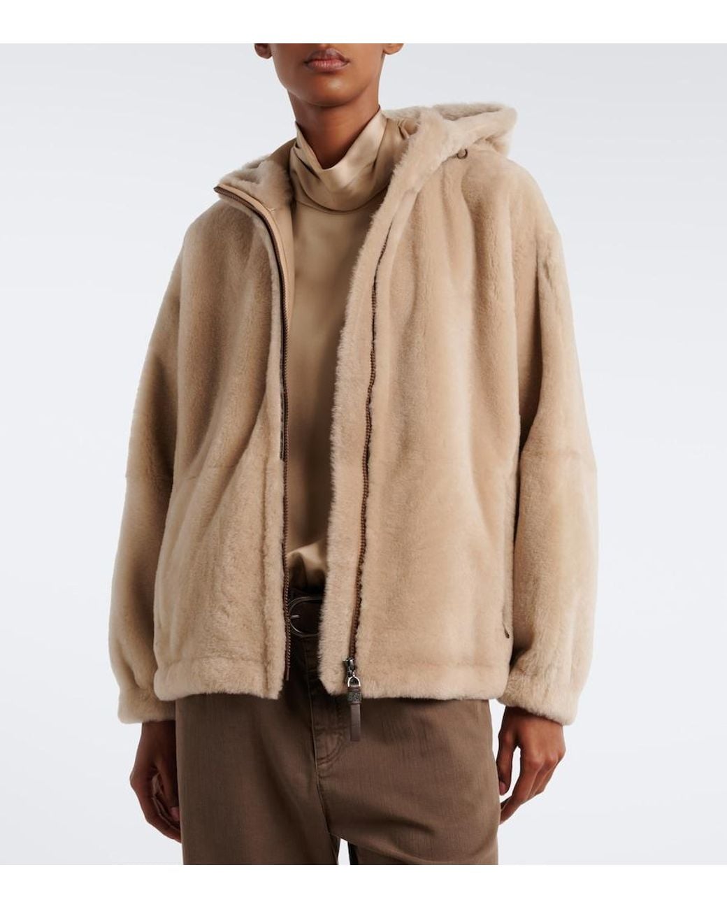 Brunello Cucinelli Natural Monili Hooded Shearling Jacket