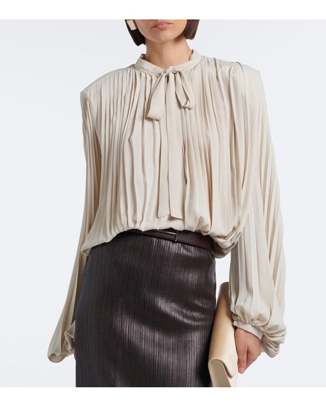Tom Ford Natural Plisse Tie-Neck Crepe De Chine Blouse