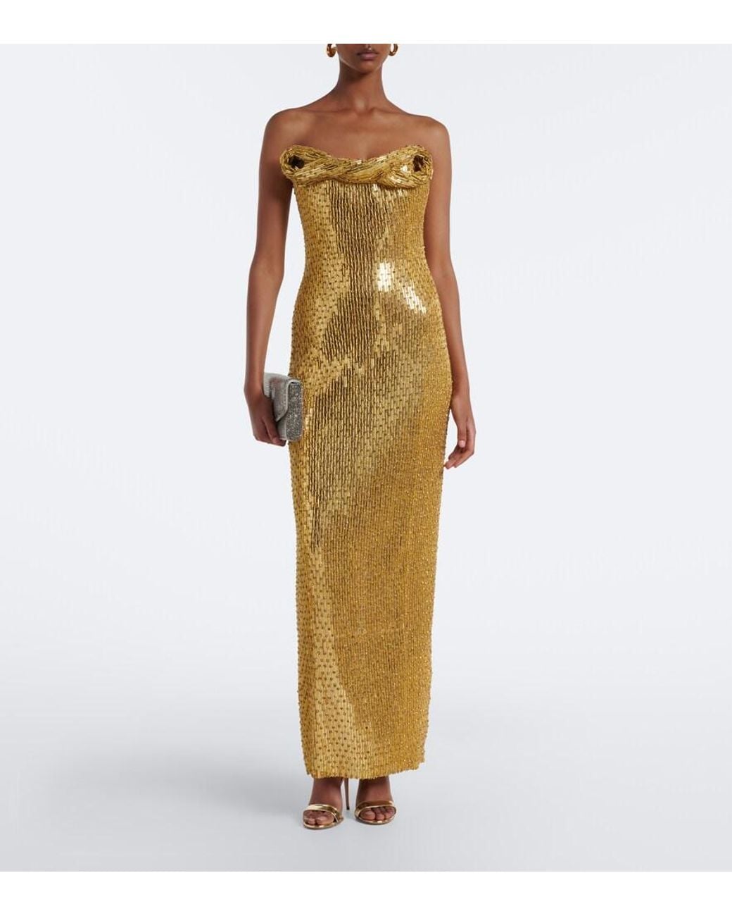 Rachel Gilbert Metallic Rosalie Draped Embellished Bustier Gown